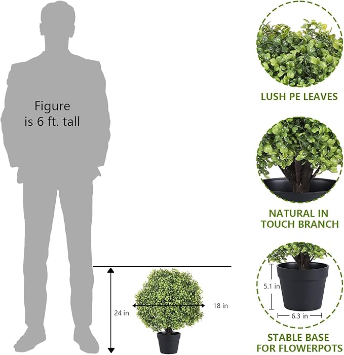 THE BLOOM TIMES 2ft Boxwood Topiary Ball Trees Artificial Outdoor Set of 2, 24" Faux Evergreen Plants Outside UV Resistant Greenery, Fake Potted Bushes and Shrubs for Front Porch Planter Patio Decor-VerdiqueGarden