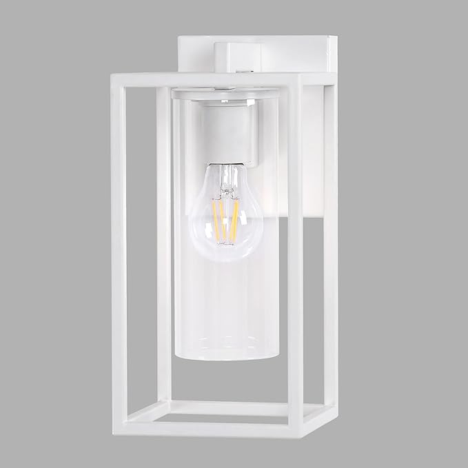 Pia Ricco Outdoor Wall Lights, Outdoor Wall Lantern with Circular Clear Glass Shade, Waterproof Exterior Lighting Fixtures, Modern Front Porch Lighting for House, Garage, E26 Base, ETL Listed, White-VerdiqueGarden