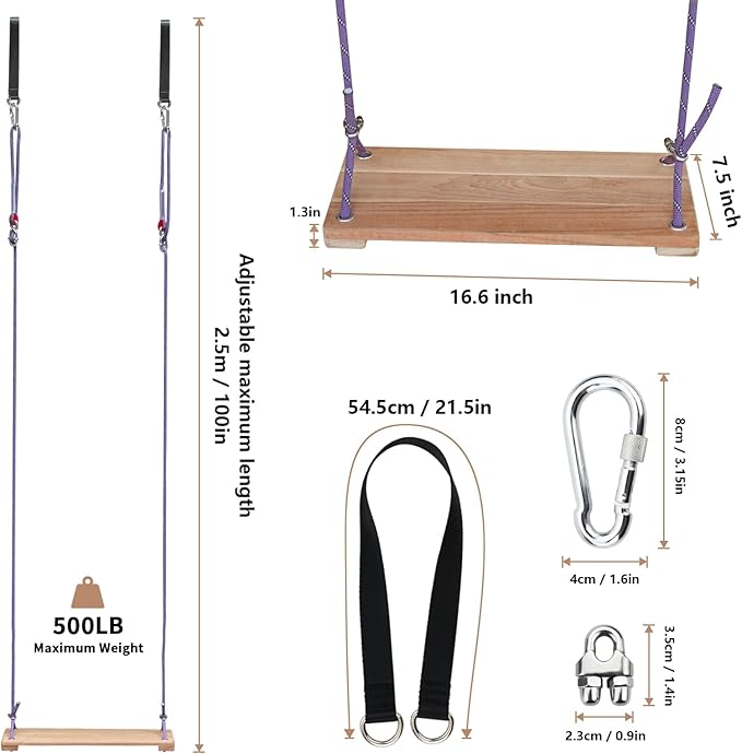 Teak Wood Swing 16.6"x7.5" - Outdoor Wooden Tree Swing Seat for Adults & Kids, Backyard Wood Swings with Height Adjustable Design-VerdiqueGarden
