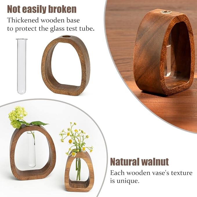 Modern Wooden Glass Test Tube Vase - Desk Plant Decor, Suitable for Home and Office Use-VerdiqueGarden