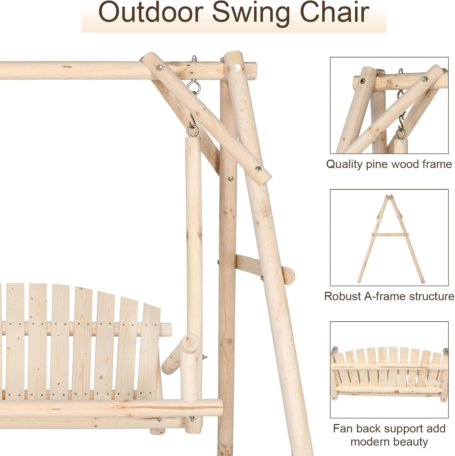 VINGLI Heavy Duty 880 LBS Wooden Patio Porch Swing with A-Frame Stand, Hanging Swing Bench Chair with Frame for Outside, Yard, Garden (Natural)-VerdiqueGarden