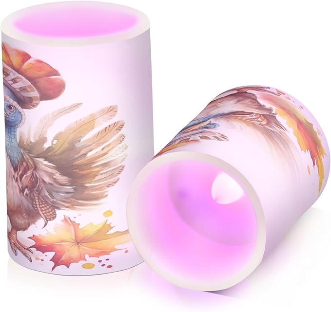 Flickering Flameless Candles, Cute Turkey Thanksgiving Pumpkin LED Candles with Remote Timer, Set of 2 Battery Operated Candle for Valentine Wedding Birthday-VerdiqueGarden