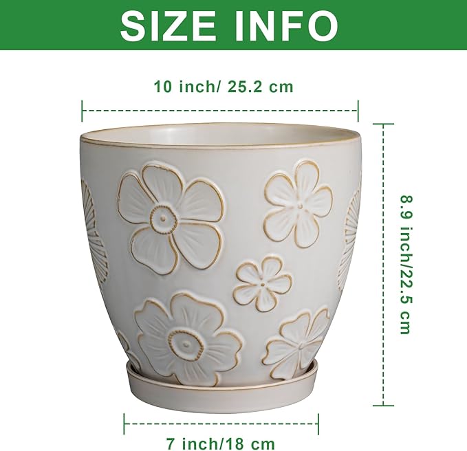 10 Inch Ceramic Planter Pot Large Plant Pot for Indoor Plants Outdoor Round Flower Pot with Drainage Hole and Saucer for Home Garden Decor White-VerdiqueGarden