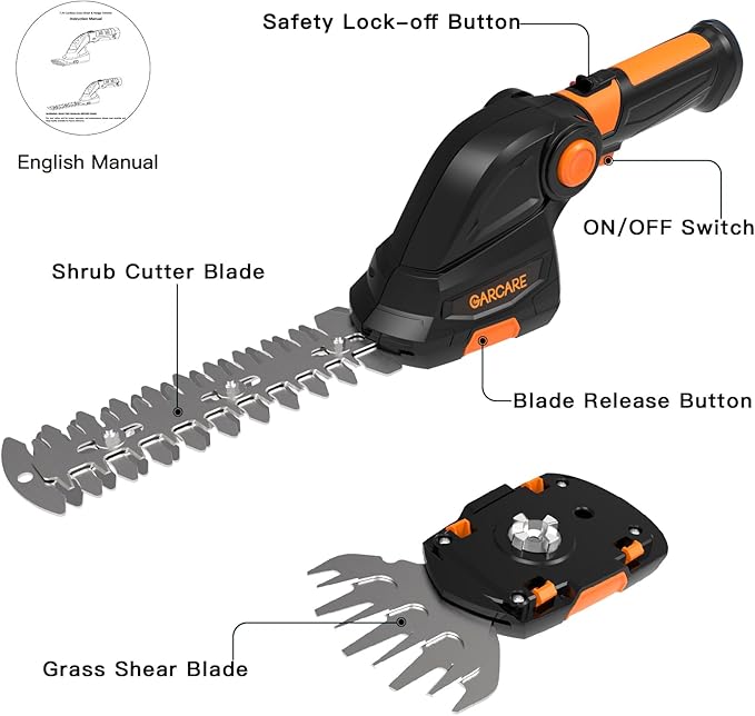 GARCARE 2 in 1 Grass Shear Cordless 7.2V Bush Timmer Handheld Grass Cutter for Shrub, Garden and Lawn Built-in 1500mAh Lithium Battery with 60min Fast Charger-VerdiqueGarden