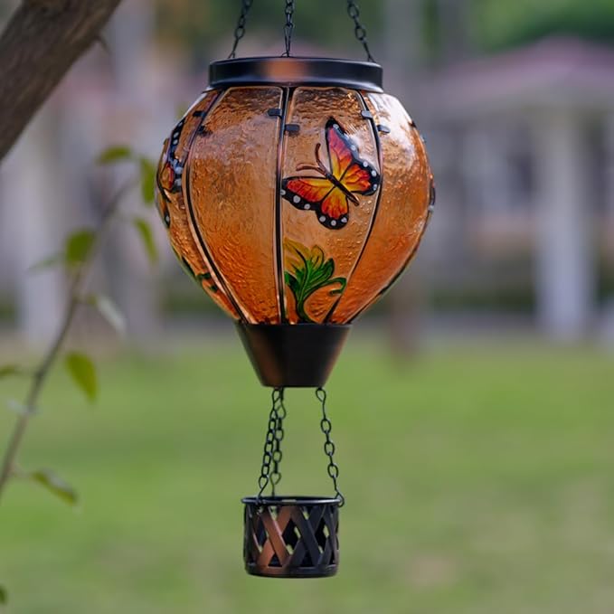 Starsoul Butterfly Hot Air Balloon Solar Lantern with Flickering Flame Light Glass Solar Powered Hot Air Balloon Lamp Waterproof Hanging Outdoor Solar Lantern for Yard Porch Backyard Decor-VerdiqueGarden