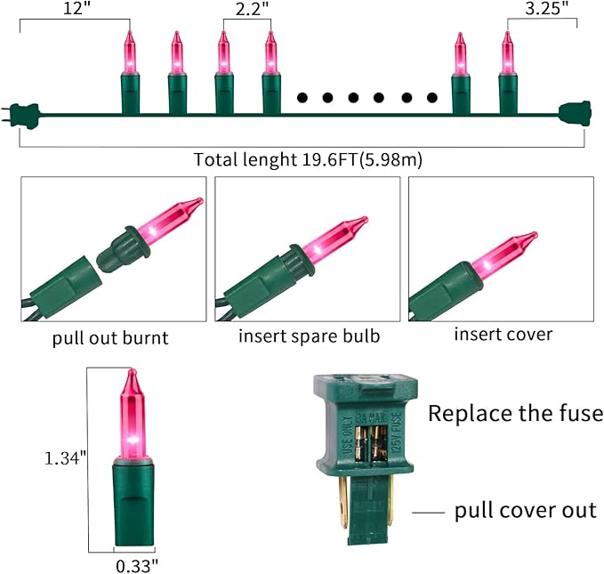 Ultra-Bright Connects End to End Pink Christmas Mini Lights 100L 19.6Ft UL Listed Incandescent Bulb String Light Set for Indoor Outdoor Holiday Garden Party Christmas Tree Garland Decor-VerdiqueGarden