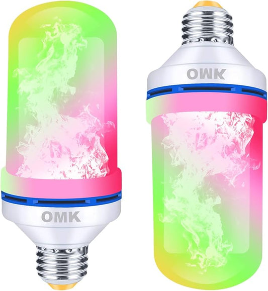 OMK LED Flame Effect Fire Light Bulbs (2 Pack), Flame Christmas Decor 4 Modes Flickering Fire Simulated Lamps, E26 Base Energy Efficient LED Bulb for Indoor/Outdoor Holiday-VerdiqueGarden