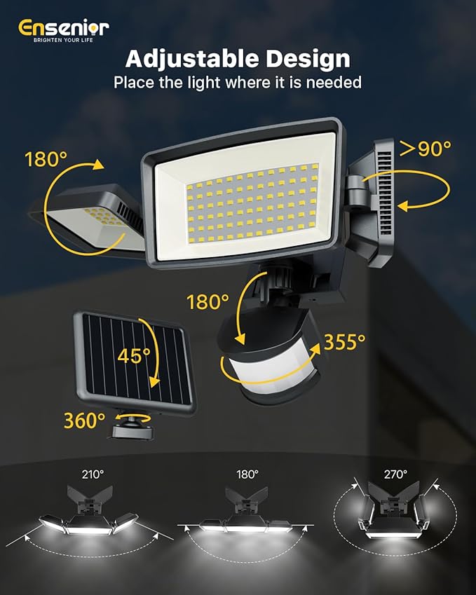 Ensenior 5 Motion Sensor Modes Solar Security Light, 1800LM 270° Wide Angle 3 Heads LED Flood Lights, IP65 Waterproof Wall Lights, Separate Solar Panel Remote Control Solar Lights Outdoor-VerdiqueGarden