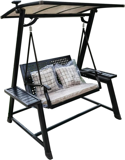 2/3-Seat Outdoor Patio Porch Swing with Adjustable Aluminum Alloy Canopy Solar Patio Swing Chair Bench with Footrest Side Cup Holder for Backyard Lawn (L-Aluminum Mesh Red Copper-2 Seat)-VerdiqueGarden