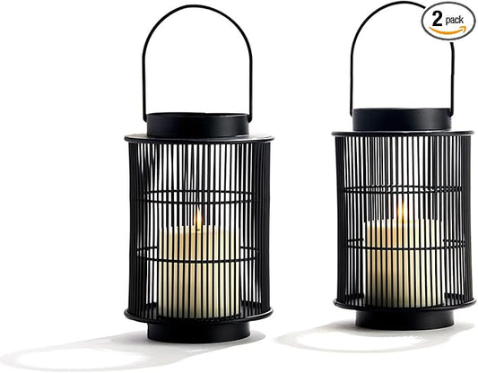 LampLust Outdoor Lantern Decorative Outdoor Patio Decor, Set of 2, 8 Inch Candle Lanterns, Black Metal, Outdoor Lanterns for Patio Waterproof, Battery Included, Modern Farmhouse Front Porch Décor-VerdiqueGarden