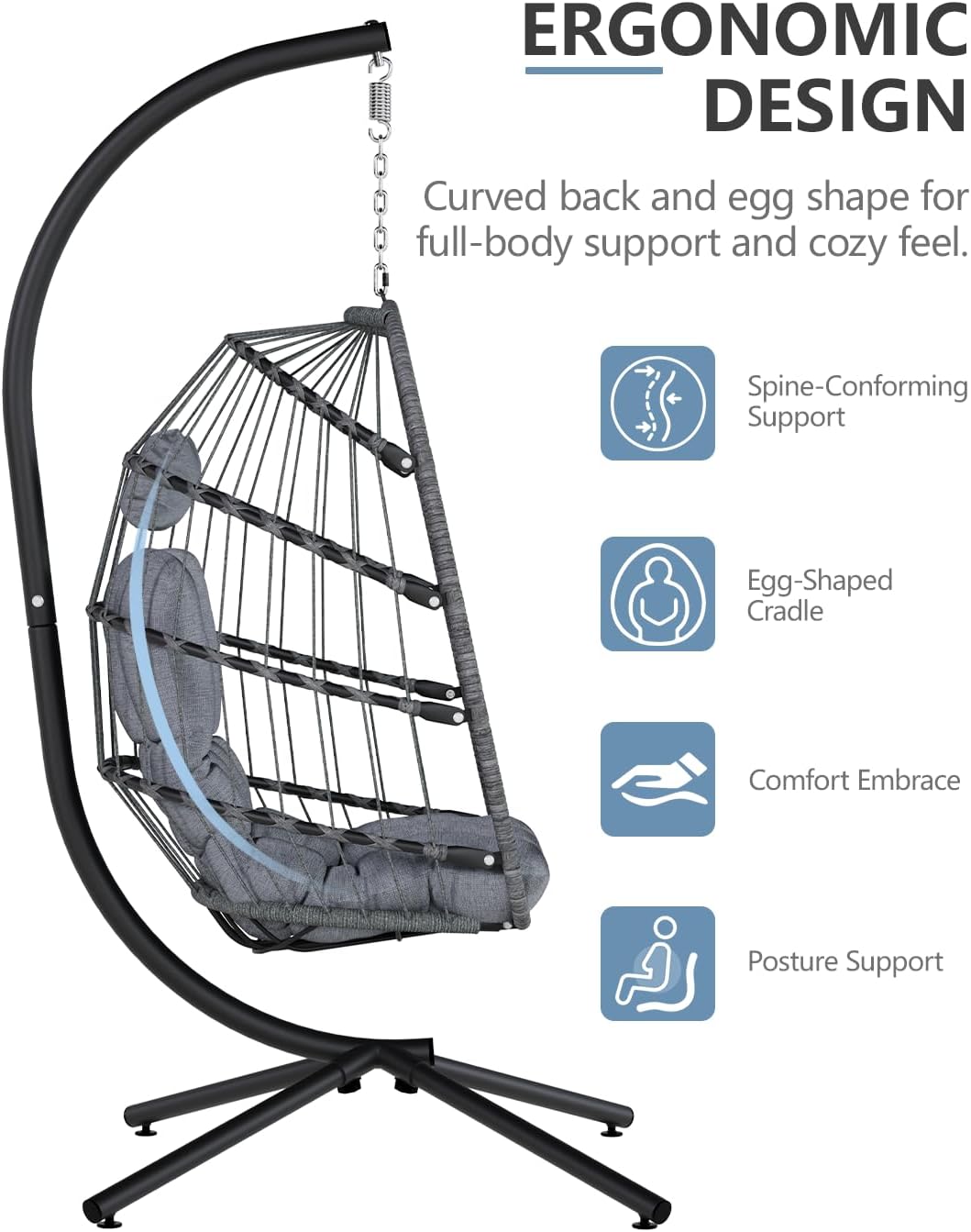 SWITTE Egg Chair Outdoor with Stand, Indoor Wicker Hanging Egg Swing Chair with Cushion, 350lbs Capacity for Patio, Bedroom, Garden - Light Grey-VerdiqueGarden