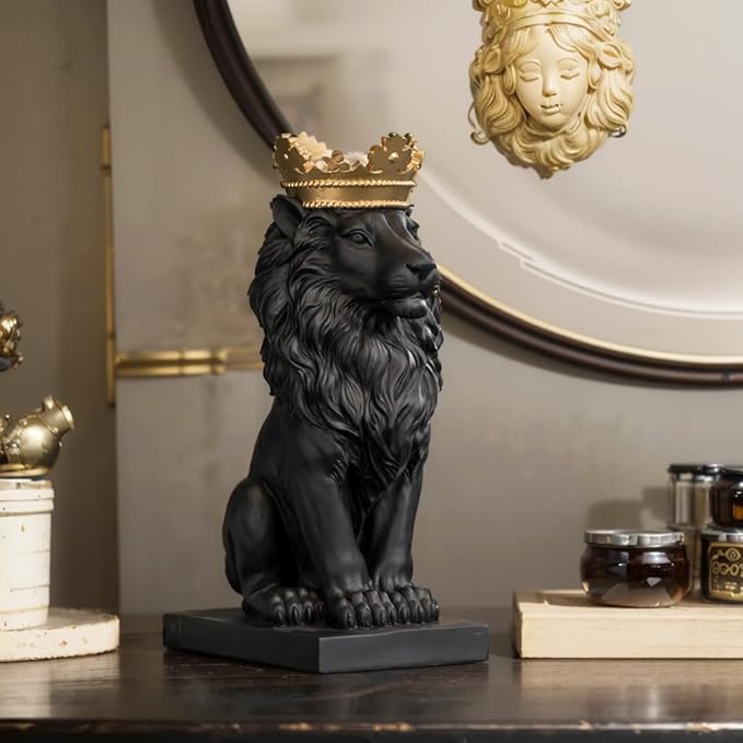 LCdecohome Lion Statue - Outdoor Collectible Figurine, 15 Inch Gold Crown Black Standing Lion Home Decor for Desk & Home Black Decor Gift-VerdiqueGarden