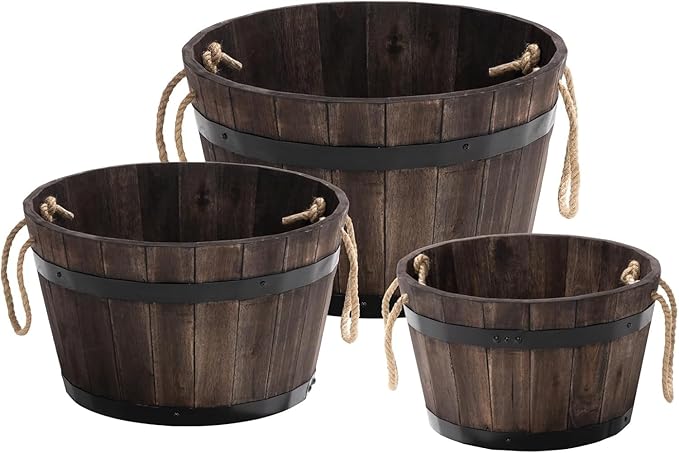 IDZO Set of 3 Wooden Flower Boxes Outdoor, Durable Acacia Wood Barrel Planters for Outdoor Plants with Ergonomic Handles, Drainage Holes, Multiple Sizes Wood Bucket Planter for Home Décor-VerdiqueGarden