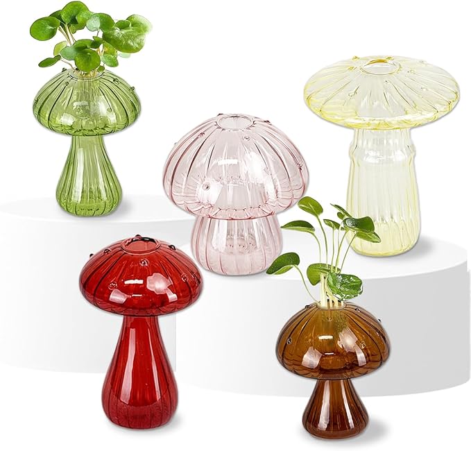 5 Pcs Mushroom Glass Planter for Plants, Stylish Unique Mushroom Vase for Home Decoration,Colorful Propagation Jars,Ideal Gardening Companion and Creative Floral Arrangement-VerdiqueGarden