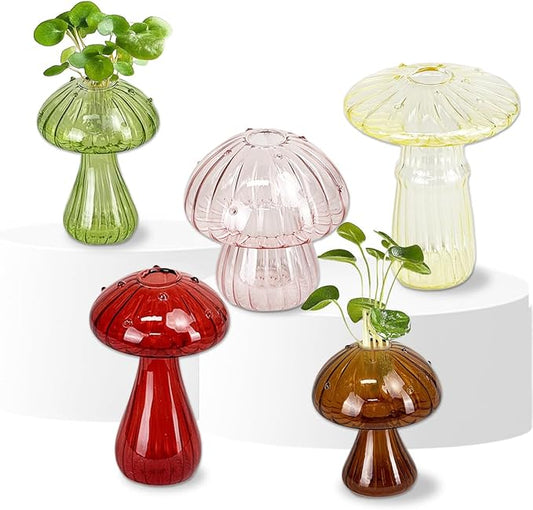 5 Pcs Mushroom Glass Planter for Plants, Stylish Unique Mushroom Vase for Home Decoration,Colorful Propagation Jars,Ideal Gardening Companion and Creative Floral Arrangement-VerdiqueGarden