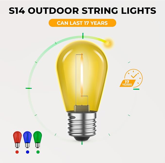 15 Pack S14 Colored LED String Light Bulbs, 1W Plastic Shatterproof Replacement Bulbs for Outdoor Patio Backyard Lights, E26 Medium Base, Dimmable, Warm White 2200K, Red/Green-VerdiqueGarden