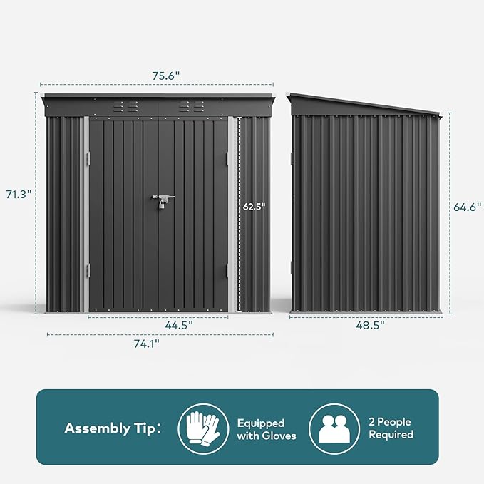 Gizoon 6' x 4' Outdoor Storage Shed with Double Lockable Doors, Anti-Corrosion Metal Garden Shed, Waterproof Shed Outdoor Storage Clearance for Backyard Patio Lawn-Dark Gray-VerdiqueGarden