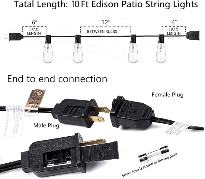 10Ft Outdoor String Lights Waterproof, Hanging Patio Lights with 11 Edison Bulbs (1 Spare), ST40 Vintage Edison Bulbs String Lights for Indoor Garden Backyard Party Wedding Balcony Decor- Black-VerdiqueGarden