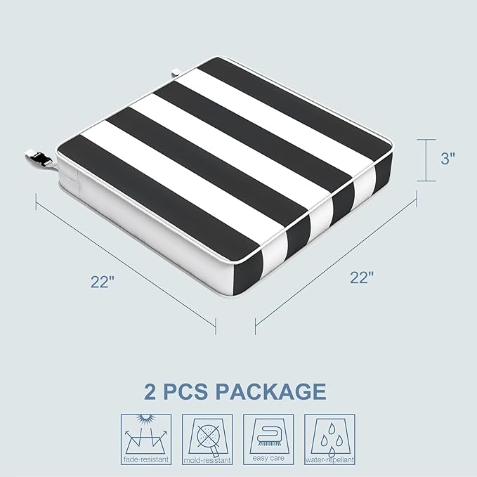 LVTXIII Patio Chair Cushions 22"x22"x3", Water-Repellent Outdoor Seat Cushions for Patio Furniture, Square Chair Pads with Ties for Home Garden Decoration, Set of 2, Cabana Black-VerdiqueGarden