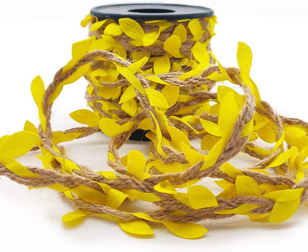 66 Feet Total Burlap Yellow Leaf Ribbon 2 Rolls 5mm Natural Jute Vine with Artificial Leaves Ribbon for Crafts Jungle Party Wedding Garden Home Decoration Twine-VerdiqueGarden