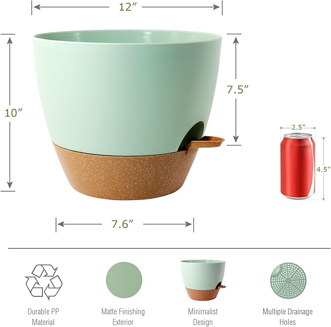 12 inch Large Self Watering Pots, Plastic Planters with 60oZ Removable Deep Reservoir and Multi Mesh Drainage Holes for Indoor Outdoor Garden Plants and Flowers, Green with Brown-VerdiqueGarden