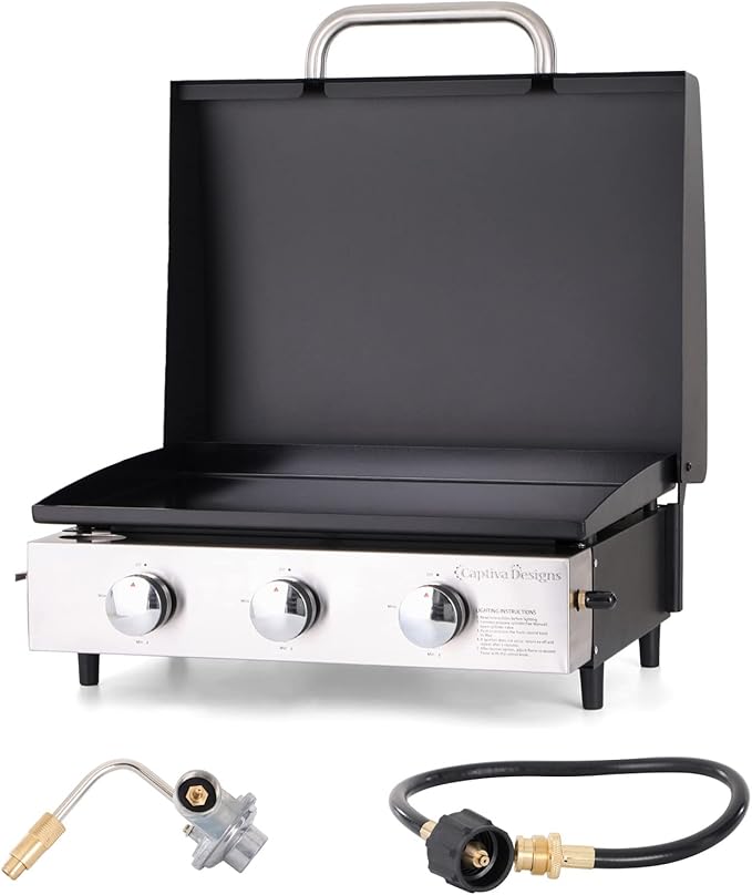 Sophia & William 22" Flat Top Grill with Lid & Ceramic Coated Cast Iron Pan, 3-Burner Portable Tabletop Gas Propane Griddle for Outdoor, BBQ, Camping & Tailgating Barbecue, 24,000 BTU-VerdiqueGarden