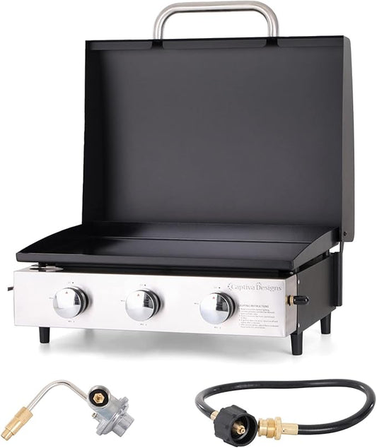 Sophia & William 22" Flat Top Grill with Lid & Ceramic Coated Cast Iron Pan, 3-Burner Portable Tabletop Gas Propane Griddle for Outdoor, BBQ, Camping & Tailgating Barbecue, 24,000 BTU-VerdiqueGarden