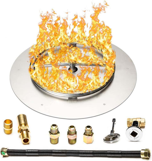 Fire Pit Burner Pan & Ring - Works with Liquid Propane - Stainless Steel Fire Pit Burner Kit 18-Inch Pan, 12-Inch Ring - 90,000 BTU Max-VerdiqueGarden