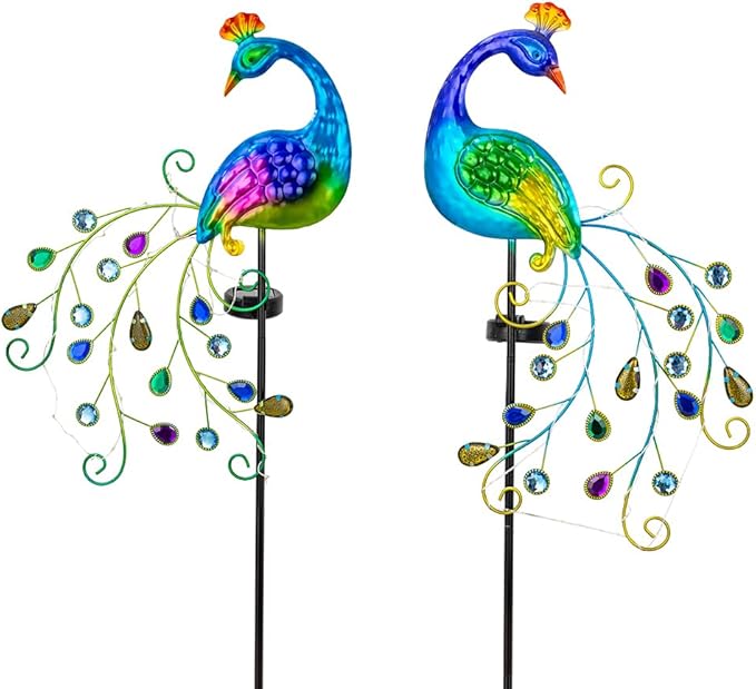 DREAMSOUL 2 Pack Peacock Solar Lights Outdoor, Waterproof Metal Peacock Outdoor Solar Lights for Yards Pathway Lawn Decoration Peacock Gifts-VerdiqueGarden