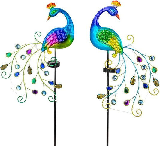 DREAMSOUL 2 Pack Peacock Solar Lights Outdoor, Waterproof Metal Peacock Outdoor Solar Lights for Yards Pathway Lawn Decoration Peacock Gifts-VerdiqueGarden