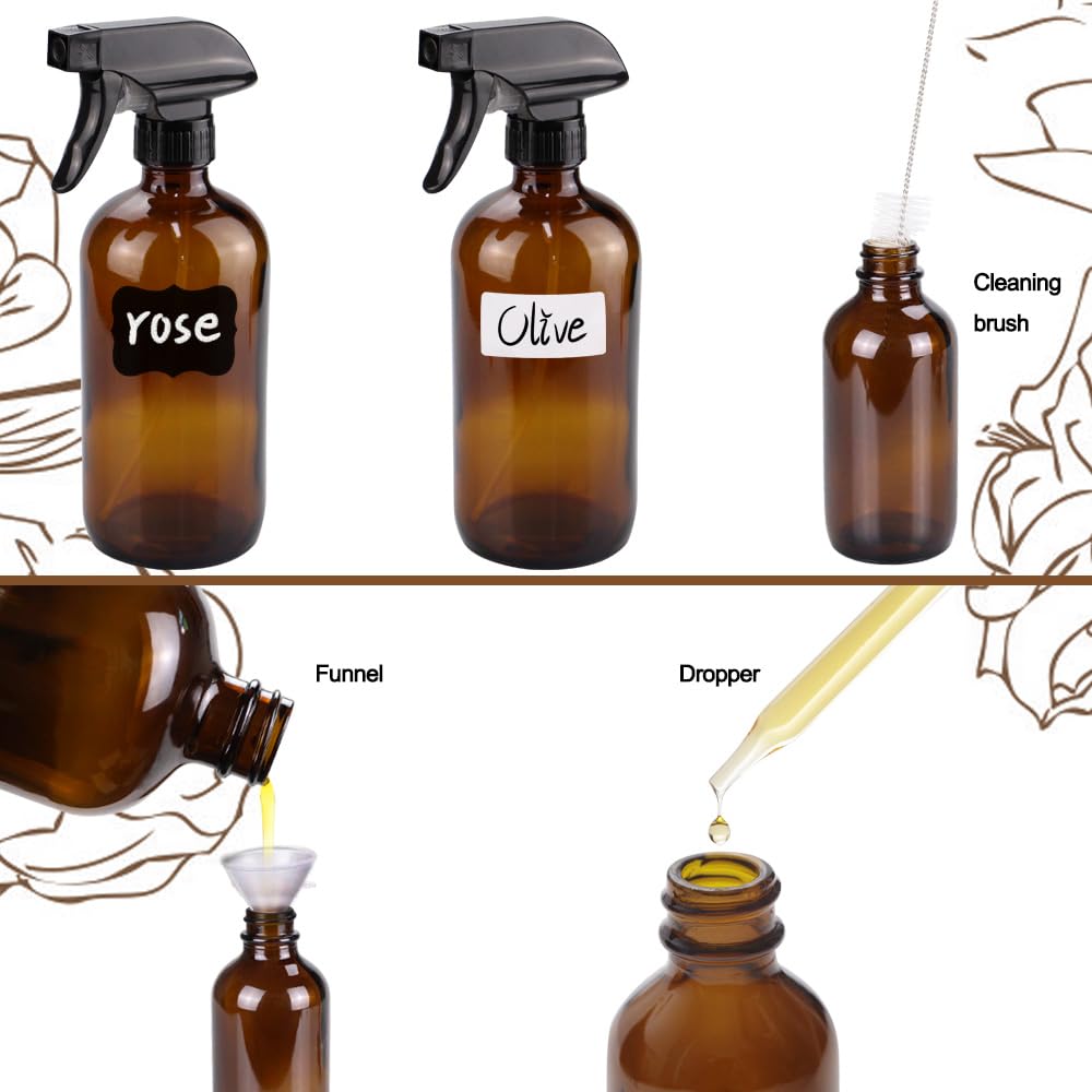 Glass Spray Bottle Kit×10 (2×16oz, 2×4oz, 6×2oz), 9×10ml Roller Bottles, Anti UV, Multi Size and Versatile, Suitable for Aromatherapy, Facial Moisturizing, Watering, etc.(Amber)-VerdiqueGarden