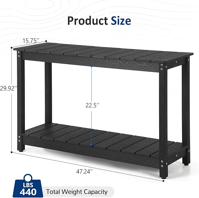 Outdoor Console Table, 48" Weather Resistant HIPS Patio Side Table, 440LBS Weight Capacity, 2-Tier Multifunctional Buffet Bar Storage Organizer for Garden Deck, Black-VerdiqueGarden
