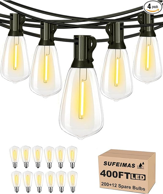 SUFEIMAS Outdoor String Lights Waterproof 400FT (100ft*4) shatterproof Patio Lights for Outside with 212 Vintage dimmable LED Edison Bulbs,Backyard Lights for Fence Garden,Balcony Porch Party Bistro-VerdiqueGarden