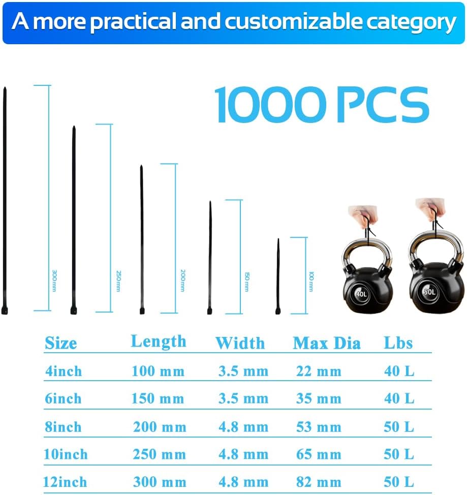 1000pcs 6Inch Black Cable Tie,Nylon Zip Ties,Industrial Grade, 40 Pounds Tensile Strength, UV Resistant,Heavy Duty,for Home,Garden Trellis,Office,Garage and Workshop-VerdiqueGarden