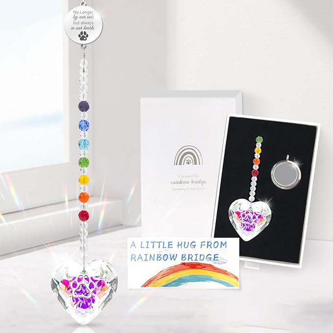 Pet Memorial Gifts for Dogs Rainbow Bridge Dog Memorial Gifts for Loss of Dog Rainbow Maker Heart-Shaped Crystal Suncatcher with Sympathy Card Dog Memorial Ornament Windows Hanging Decor-VerdiqueGarden