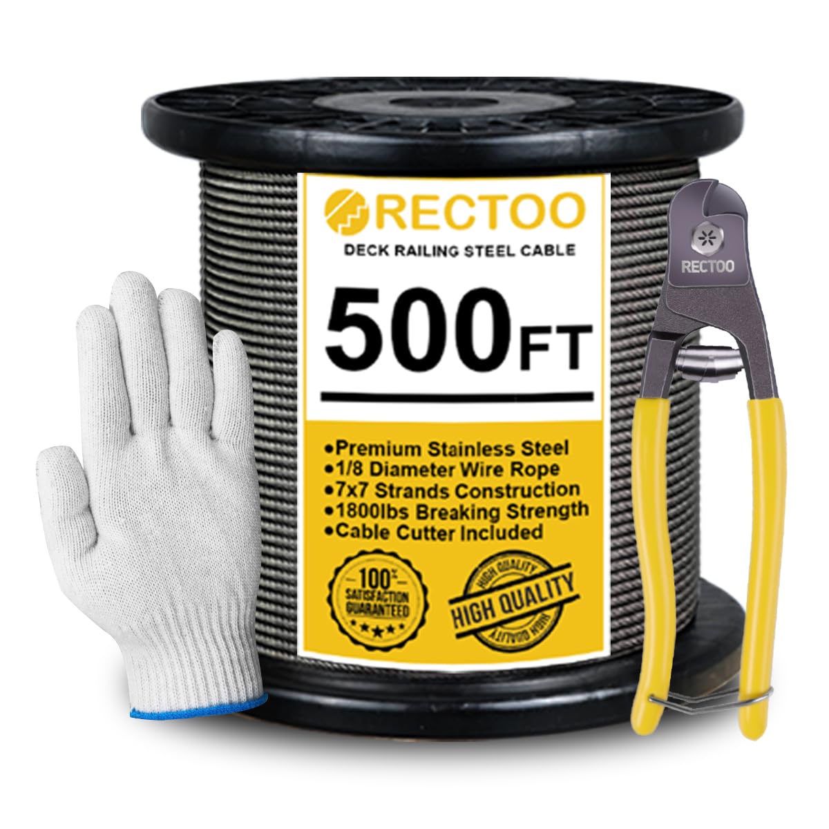 Black 500FT 1/8" T316 Stainless Steel Cable with Cutter, 7x7 Strands Aircraft Wire Rope for Deck Railing, Stair Handrail, Porch Fence, High Strength for Indoor and Outdoor Use-VerdiqueGarden