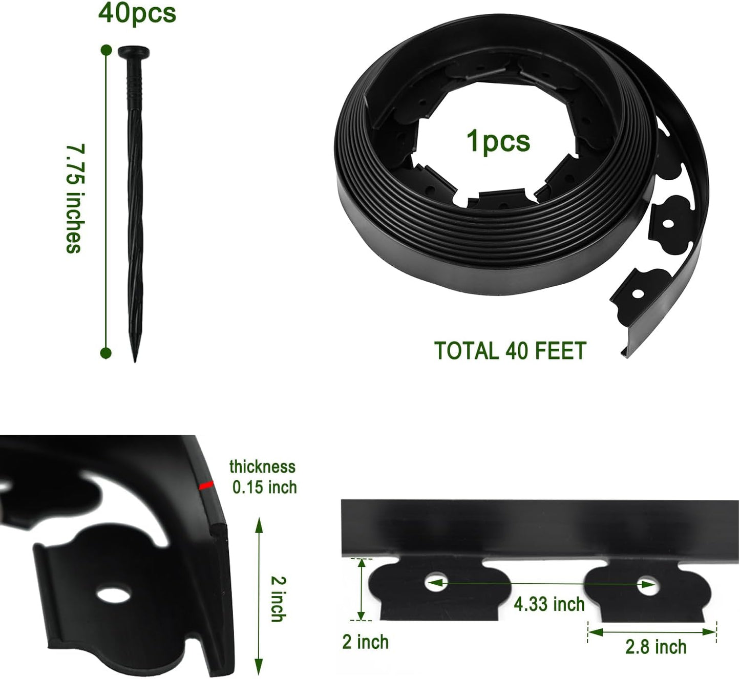 Hugeleaf Landscape Edging 2 Inch Tall, 40 Feet Garden Edging Border with 40Pcs Stakes,Lawn Border for Landscaping, Flower Beds(Black)-VerdiqueGarden