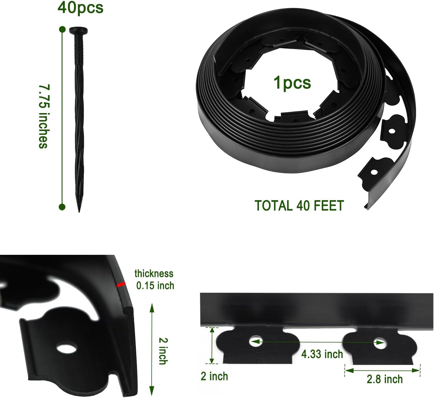 Hugeleaf Landscape Edging 2 Inch Tall, 40 Feet Garden Edging Border with 40Pcs Stakes,Lawn Border for Landscaping, Flower Beds(Black)-VerdiqueGarden