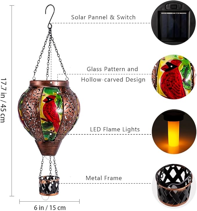 Starsoul Cardinal Hot Air Balloon Solar Lantern with Flame Candle, Hanging Hot Air Balloon Outdoor Solar Lanetrns Waterproof for Garden Patio Yard, Mother's Day Xmas Christmas Woman Gifts-VerdiqueGarden