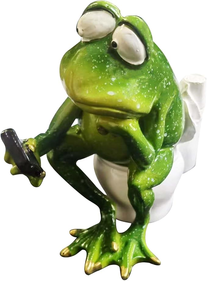 Funny Frog Sitting on Toilet Figurine, Funny Green Frog Texting On Toilet Personalized Animal Frogs Animals Resin Crafts for Home Office Bathroom Garden Outdoor Decoration Gift-VerdiqueGarden