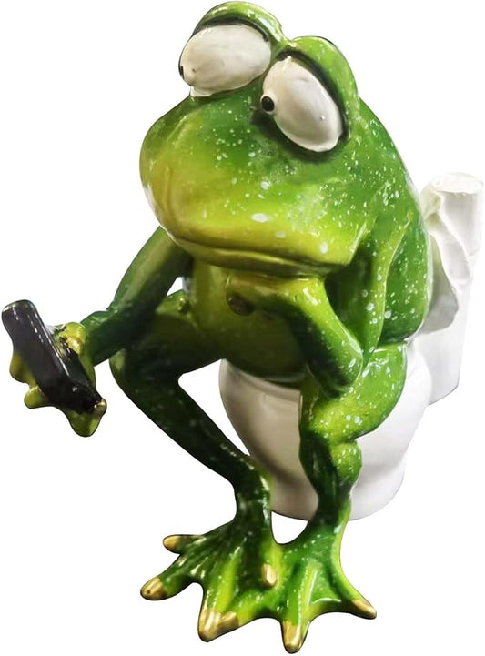 Funny Frog Sitting on Toilet Figurine, Funny Green Frog Texting On Toilet Personalized Animal Frogs Animals Resin Crafts for Home Office Bathroom Garden Outdoor Decoration Gift-VerdiqueGarden