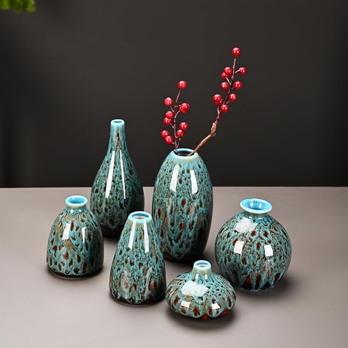 Ceramic Bud Vase Set, Fambe Blue Glazed Finish, Decorative Flower Vases (Blue-Set of 6)-VerdiqueGarden