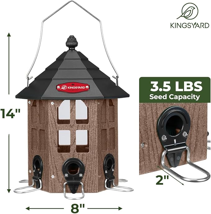 Kingsyard Wild Bird Feeder for Outdoor Hanging, Recycled Plastic Bird Feeders with 6 Ports & U-Shape Perch, Garden Yard Outside Decoration, 3.5 lbs Seed Capacity, Brown-VerdiqueGarden