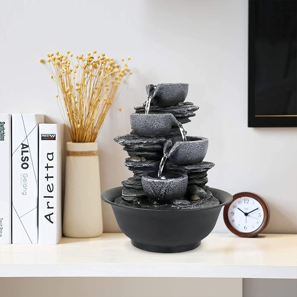 10.6” High Cascading Tabletop Fountain w/LED Light - 4-Tier Bowls Rock Water Fountains Indoor Small Relaxation Waterfall Feature for Home, Office and End Table Decoration (10.6" high, Gray)-VerdiqueGarden