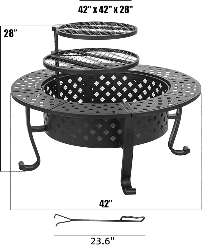 42 Inch Fire Pit with 2 BBQ Grills, Wood Burning Fire Pits for Outside with Lid & Fire Poker, BBQ& Outdoor Firepit & Round Metal Table 3 in 1 for Patio, Picnic, Party-VerdiqueGarden