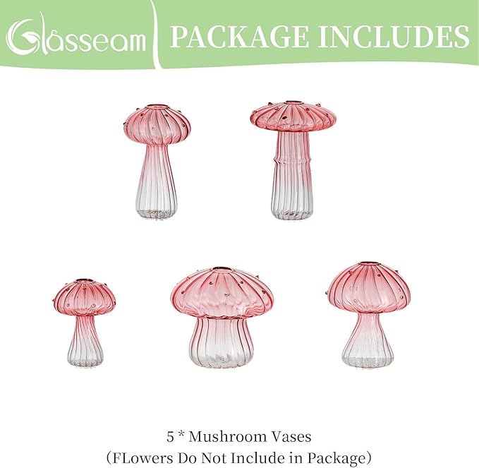 Glasseam Mushroom Plant Propagation Stations: Pink Glass Terrarium Jar Set of 5 Cute Planters for Indoor Plants Decorative Propagate Vase Unique Gifts for Women Home Office Decor-VerdiqueGarden