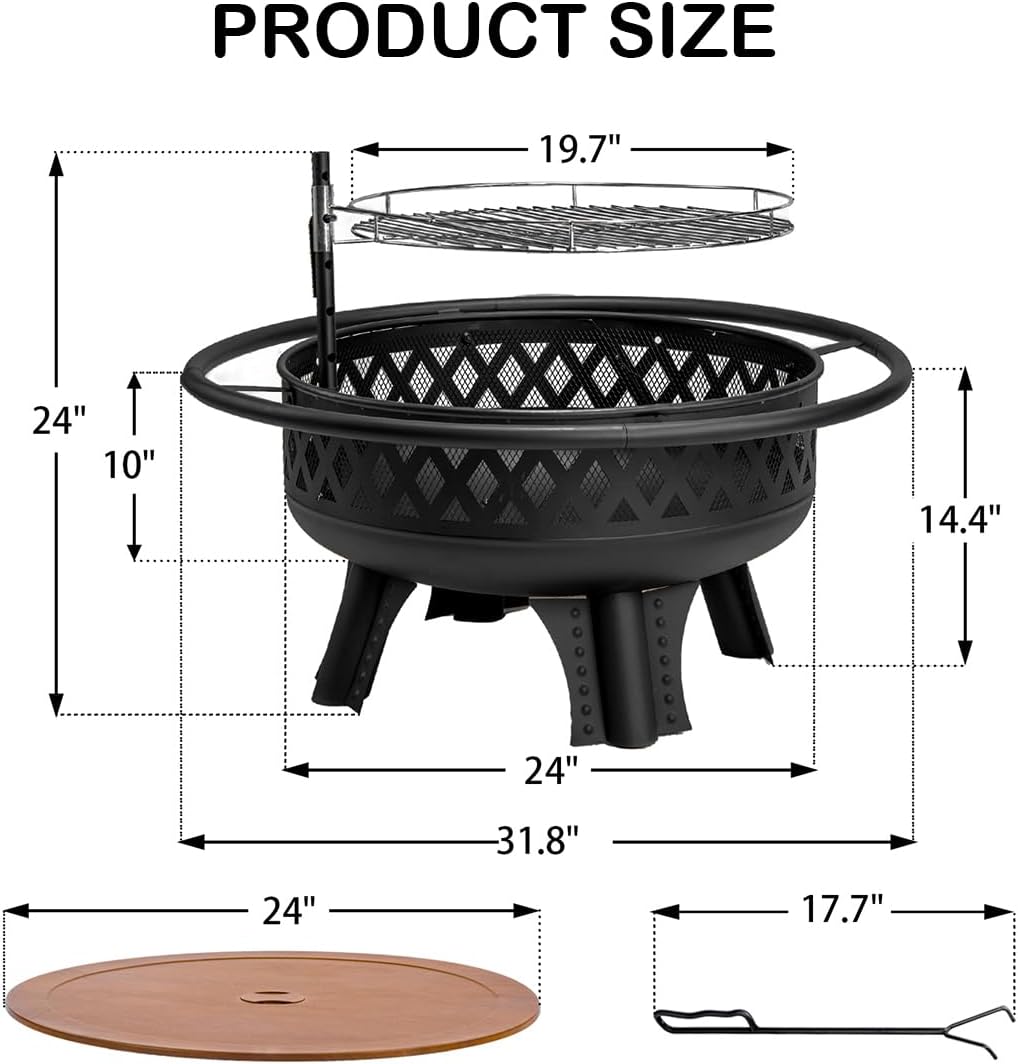 32 Inch Outdoor Fire Pit with Grill, Wood Burning Firepit for Outside with Lid/Fire Poker, Metal Round Fire Pit Table for Patio Backyard Garden Bonfire Party-VerdiqueGarden