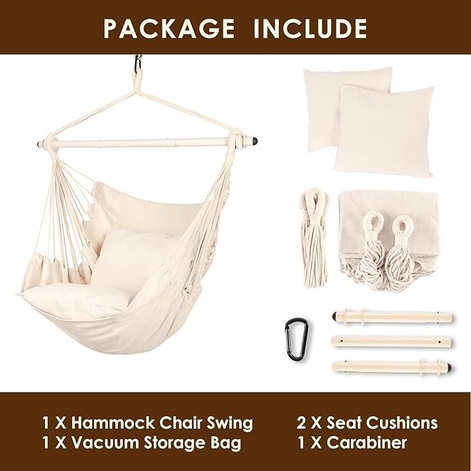 Highwild Hammock Chair Hanging Rope Swing - Max 500 Lbs - 2 Cushions Included - Steel Spreader Bar with Anti-Slip Rings - for Any Indoor or Outdoor Spaces (Beige)-VerdiqueGarden