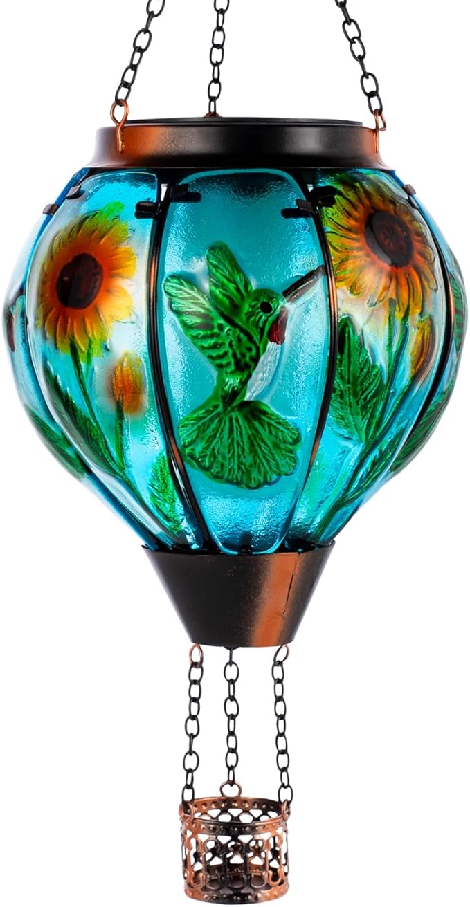 Hummingbird and Sunflower Solar Hot Air Balloon Lantern with Flame, Glass Hot Air Balloon Solar Lantern Outdoor Waterproof, Hanging Solar Lantern for Outside Garden Patio Tree Porch Yard-VerdiqueGarden