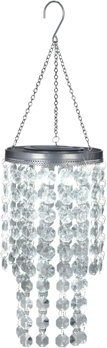 Hanging Solar Crystal Chandelier Outdoor, 21” Modern Solar Transparent Acrylic Beaded Lantern with Cool White LED S Hooks for Garden Yard Patio Gazebo Outside Decor-VerdiqueGarden